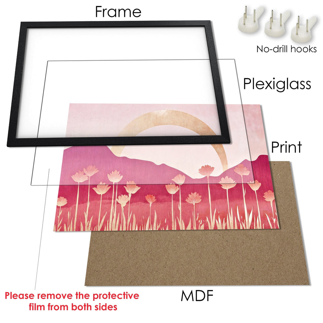 Framed Poster featuring a floral landscape in a soft pink and beige color palette. Add a touch of elegance to your space!