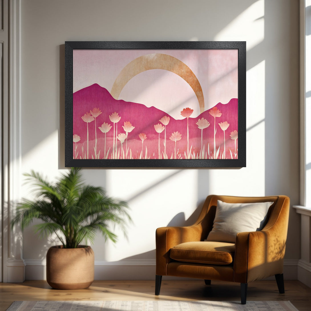 Framed Poster featuring a floral landscape in a modern style, with a pink and gold color palette. Perfect wall art!