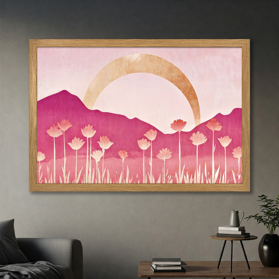 Framed Poster featuring a floral landscape in a modern style with a pink and peach color palette. Perfect wall art for any room.