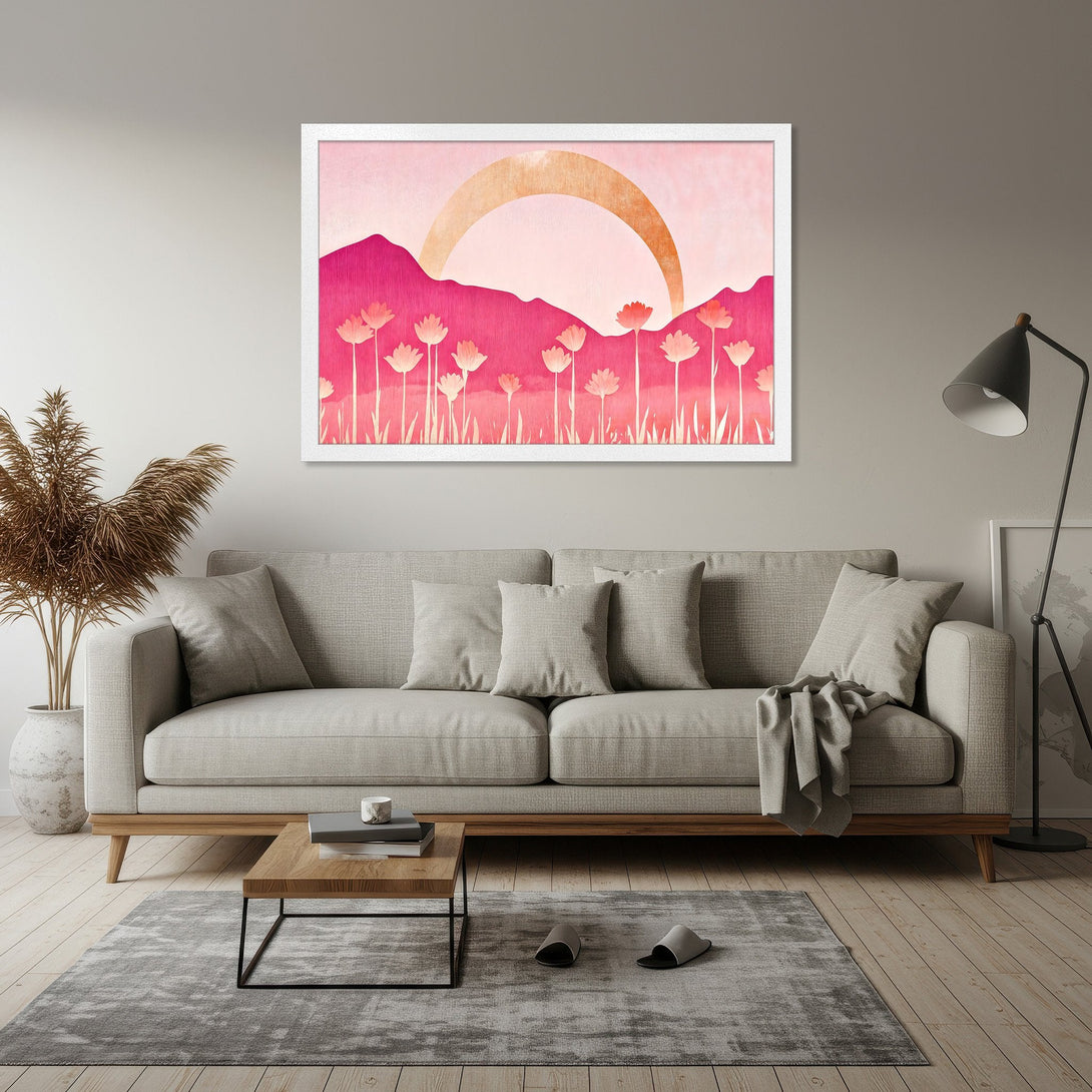 Framed Poster featuring a pink sunset over mountains with flowers. Stylish art print in a warm, inviting color palette.