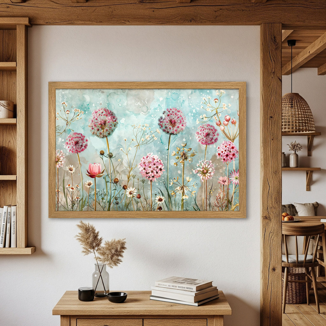 Framed Poster featuring watercolor floral art in pink, blue, and green. Perfect wall decor for a calming, nature-inspired aesthetic.