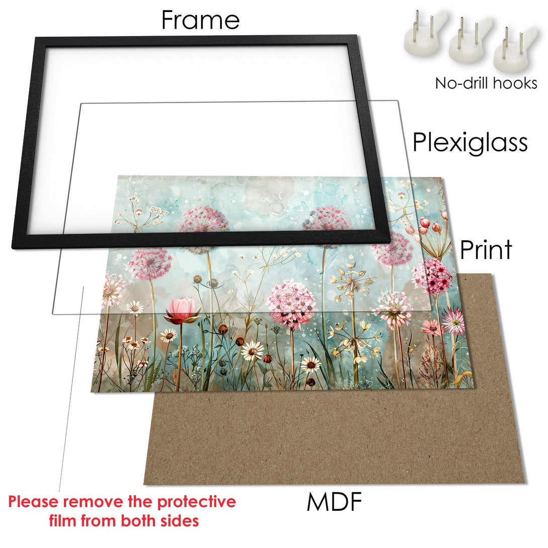 Framed Poster featuring watercolor floral art in pinks and blues. Enhance your decor with this beautiful print.