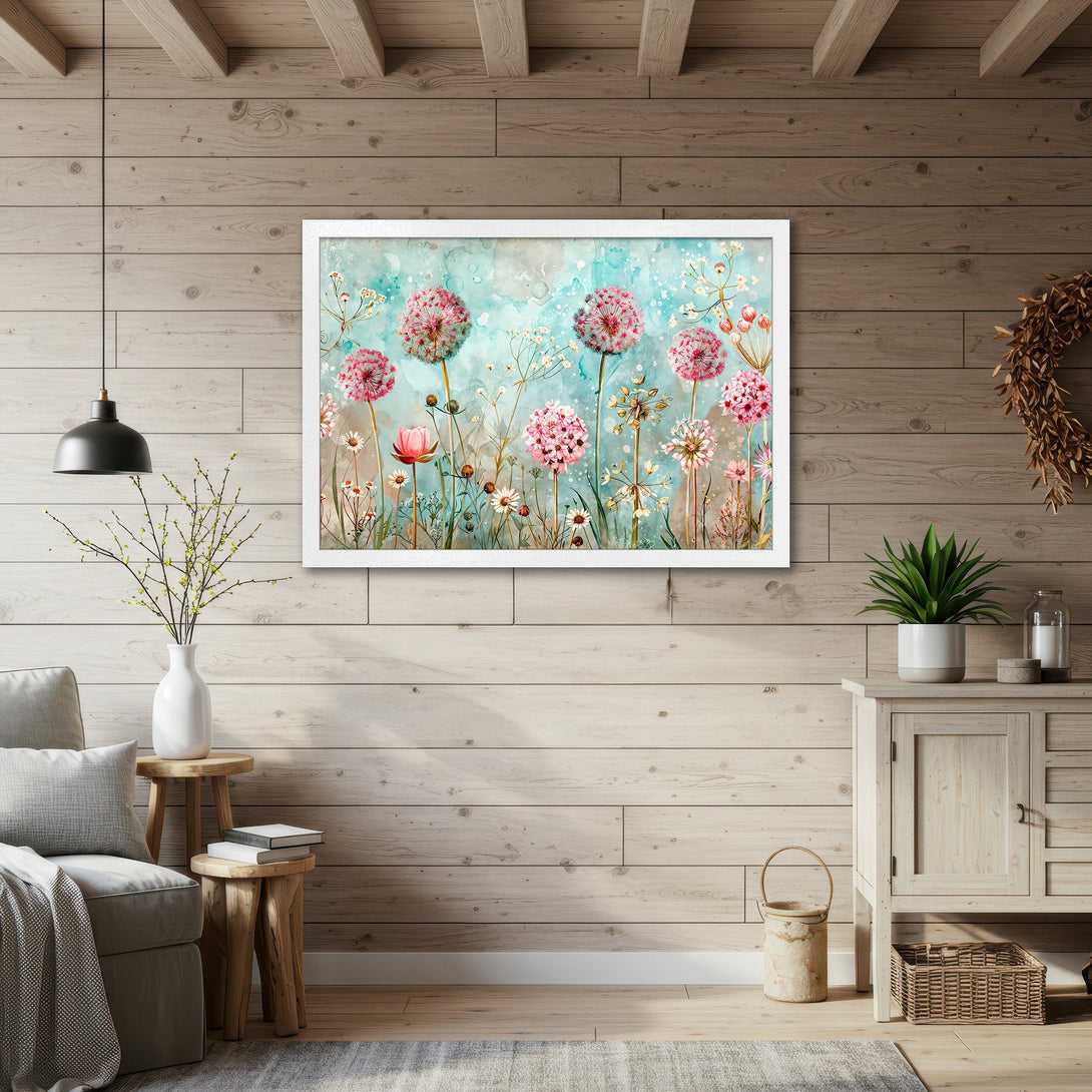 Framed Poster featuring watercolor dandelions in pink and blue. Perfect wall art for a serene, nature-inspired home.