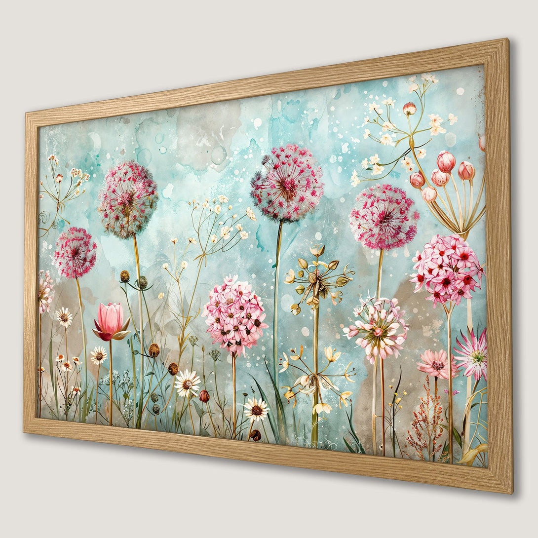 Framed Poster featuring watercolor floral art in pink and teal. Perfect wall decor for a calming aesthetic.