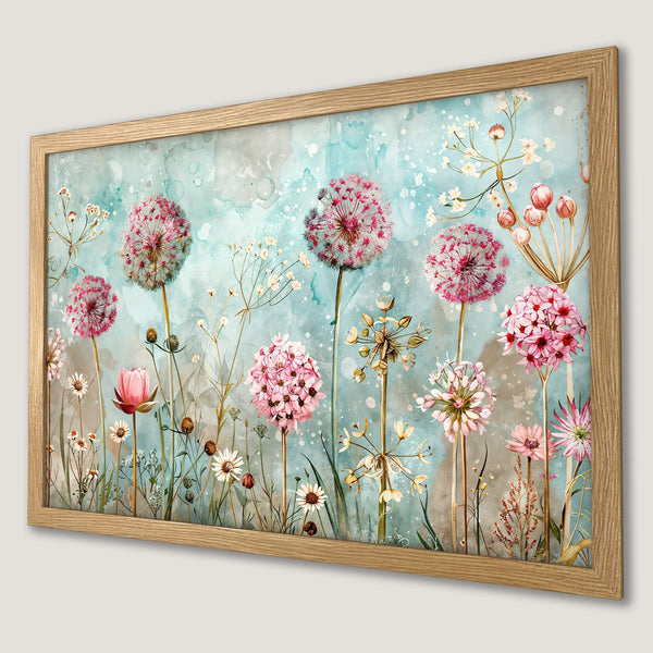Framed Poster featuring watercolor floral art in pink and teal. Perfect wall decor for a calming aesthetic.