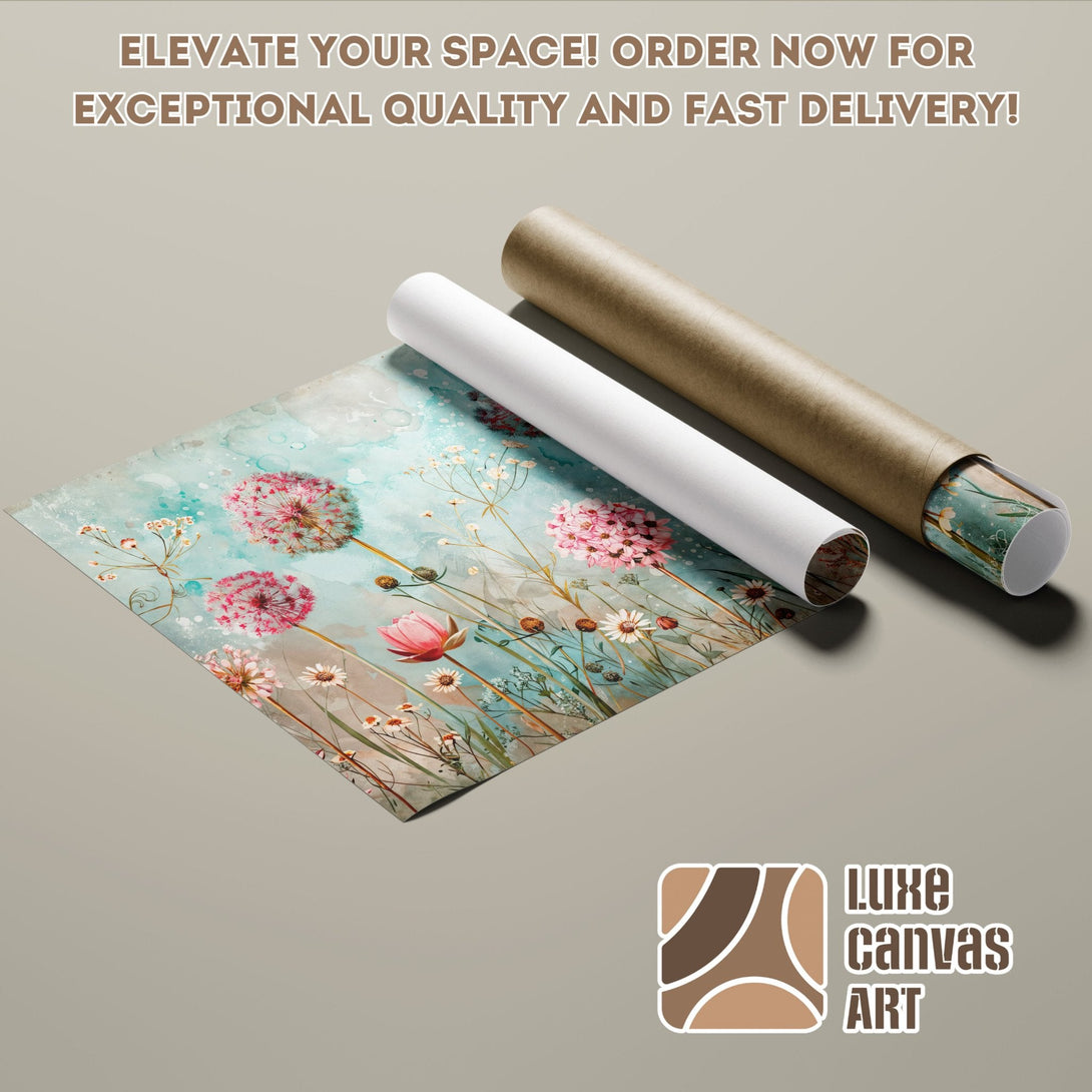 Poster Roll featuring watercolor floral art in teal and pink tones. Elevate your space with Luxe Canvas Art!