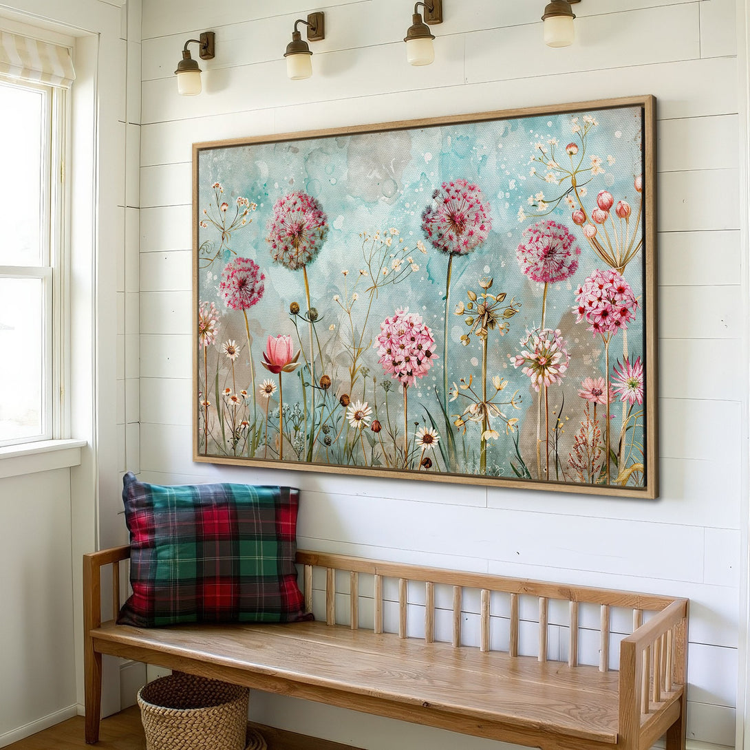 Framed Wall Art: Floral Canvas Print in a light blue and pink watercolor style. Adds a touch of nature and elegance to any interior space.
