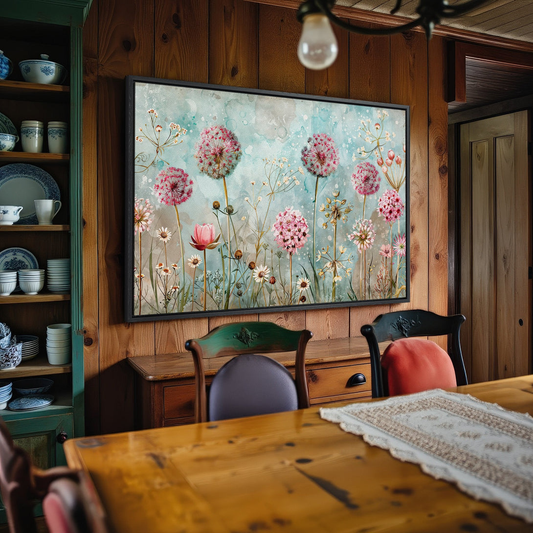 Framed Wall Art: Watercolor floral print in pink and teal. Adds a touch of nature to any space. Perfect for home decor!