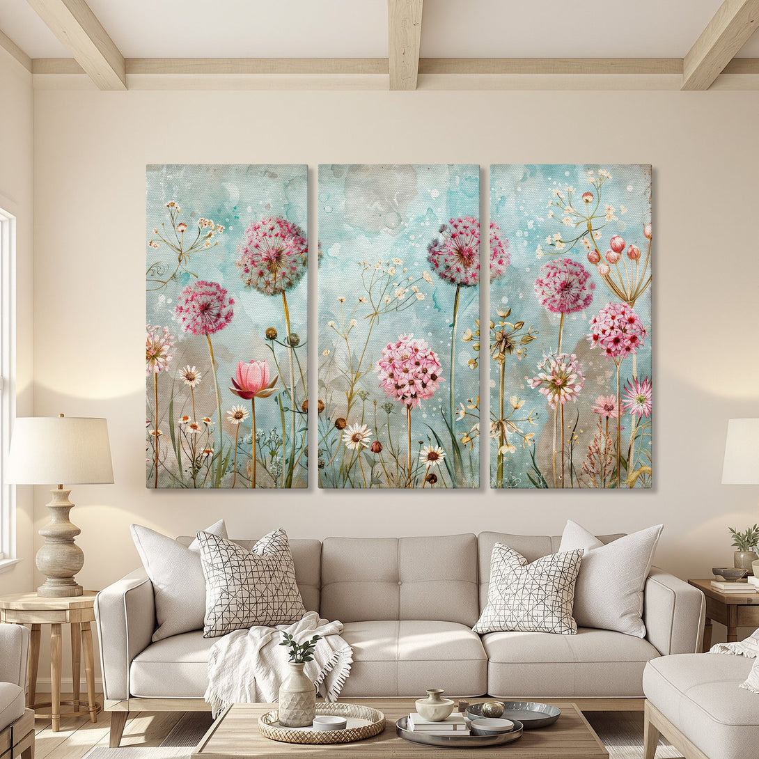 Watercolor floral Canvas Print triptych with pink and blue hues. Adds a touch of nature and elegance to any living room.
