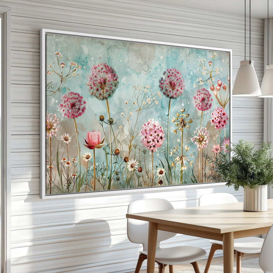Framed Wall Art featuring watercolor dandelions in pink and blue hues, perfect for adding a touch of nature to your home decor.