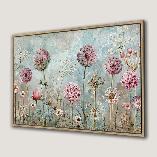 Framed Wall Art featuring watercolor dandelions in pink and teal. Botanical art print perfect for adding a touch of nature to your home decor.
