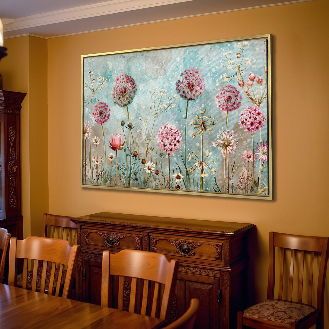 Canvas Print of floral artwork in a serene blue and pink color palette, perfect for adding a touch of nature-inspired elegance to your home.