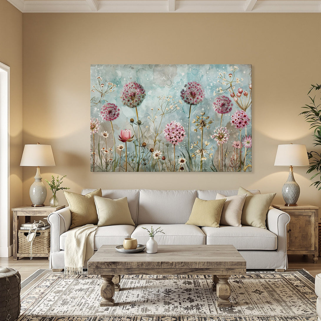 Framed Wall Art featuring watercolor dandelions in pink and blue. Perfect for adding a touch of floral elegance to your home decor.