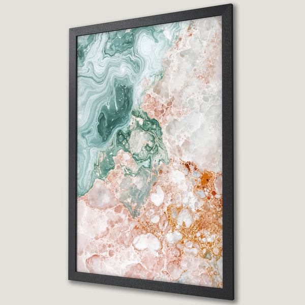 Framed Poster featuring abstract marble art in teal, peach, and white. Modern wall art for home decor.