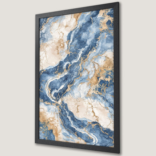 Framed Poster featuring abstract blue, gold, and beige marble art. Modern wall decor for a stylish home.