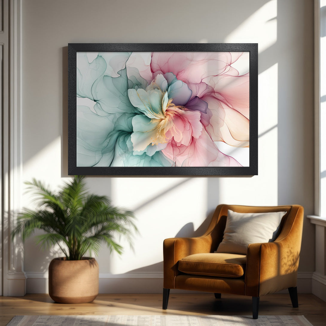 Framed Poster of an abstract floral design in pastel pink, teal, and gold. Modern art decor for your home.