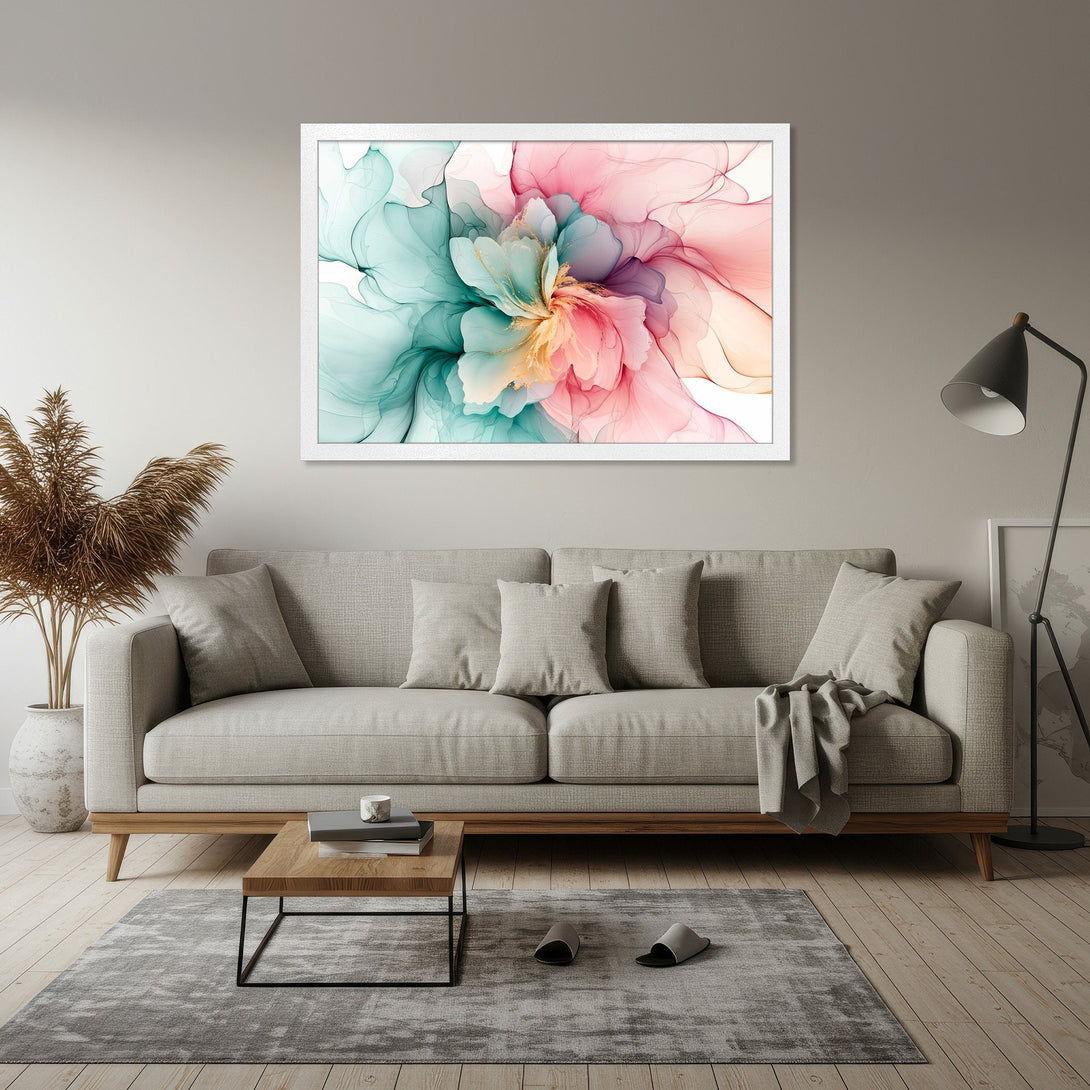 Framed Poster featuring an abstract floral design in pastel teal, pink, and peach hues. Modern art for home decor.