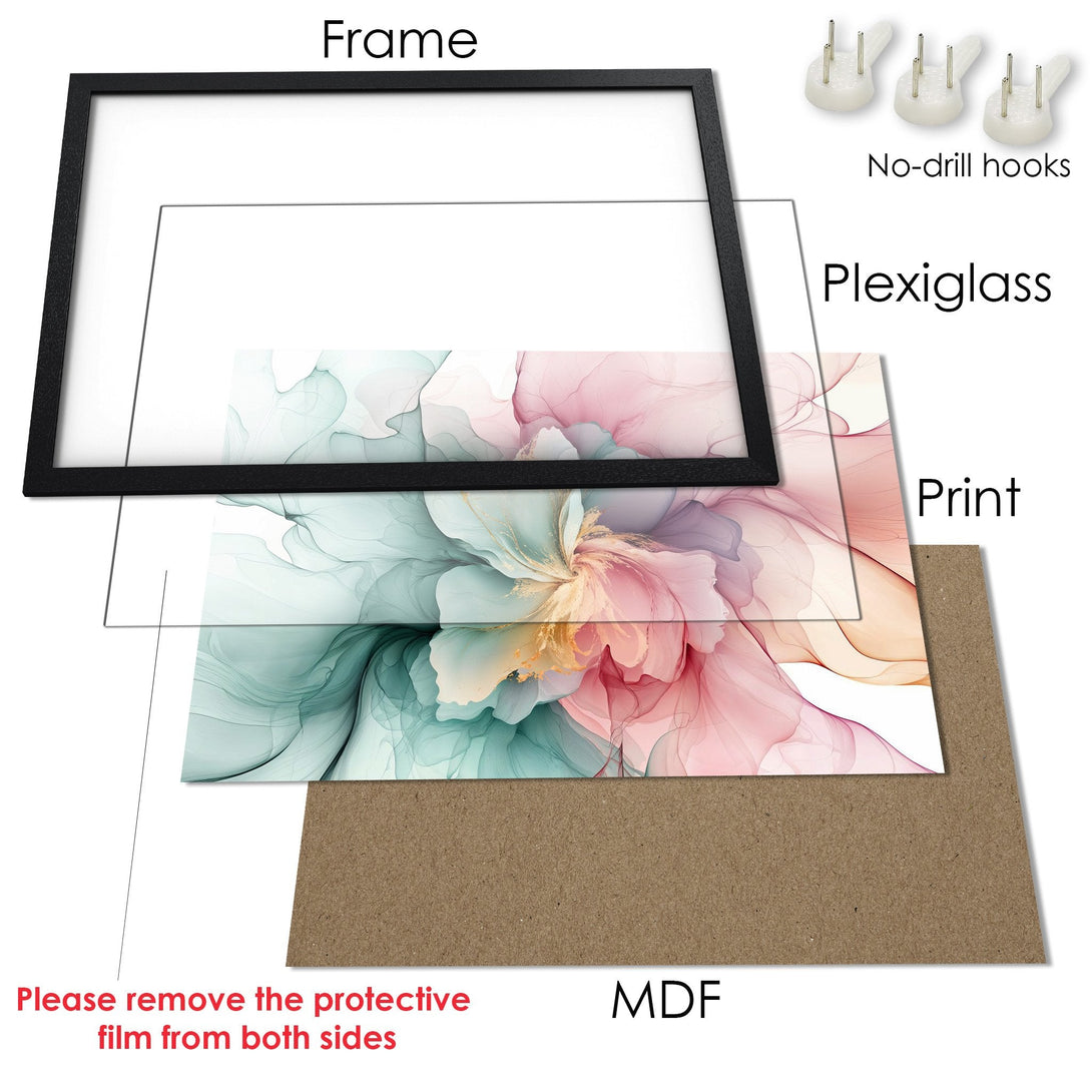 Framed Poster featuring a floral abstract art print in pastel pink, teal, and gold hues. Elevate your space with this beautiful Poster!