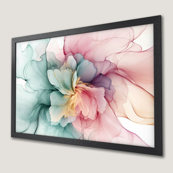 Framed Poster featuring an abstract floral design in watercolor style with a pastel color palette of pink, teal, and gold.
