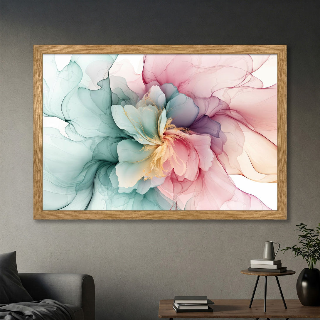 Framed Poster featuring an abstract floral design in a pastel color palette of pink, teal, and gold. Modern art for home decor.