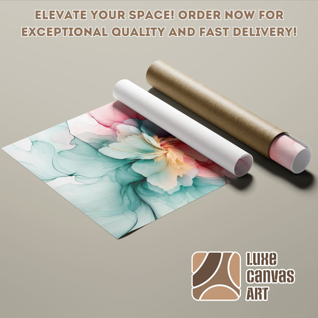 Poster Roll featuring abstract floral art in teal, pink, & gold. Elevate your space with this beautiful poster!