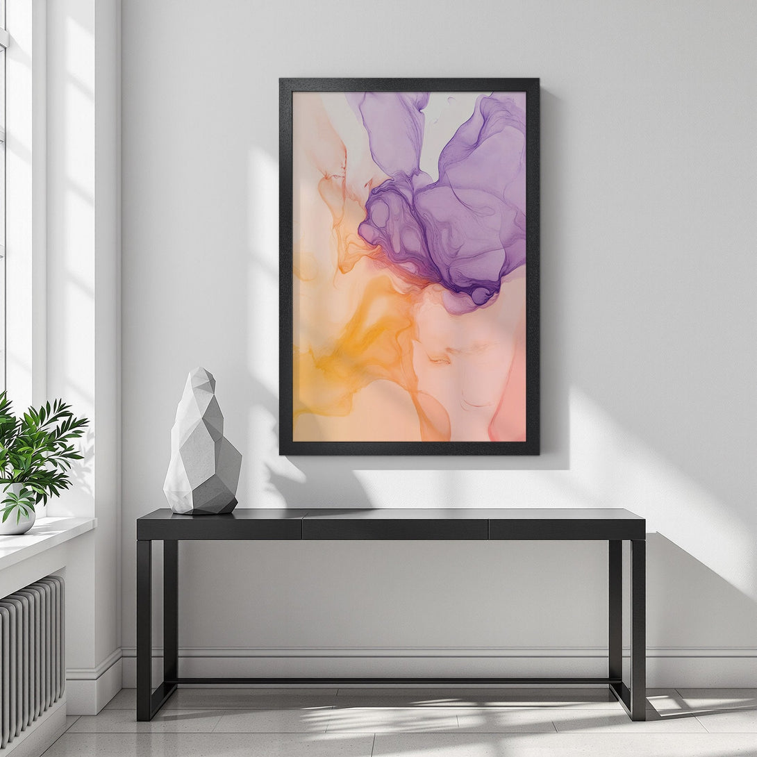 Framed Poster featuring abstract fluid art in purple, orange, and pink hues. Modern art style with a warm, inviting color palette.