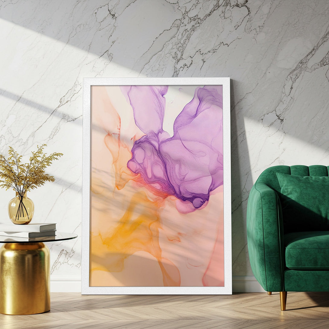 Framed Poster featuring abstract fluid art in a purple and orange palette. Modern art print for home decor.