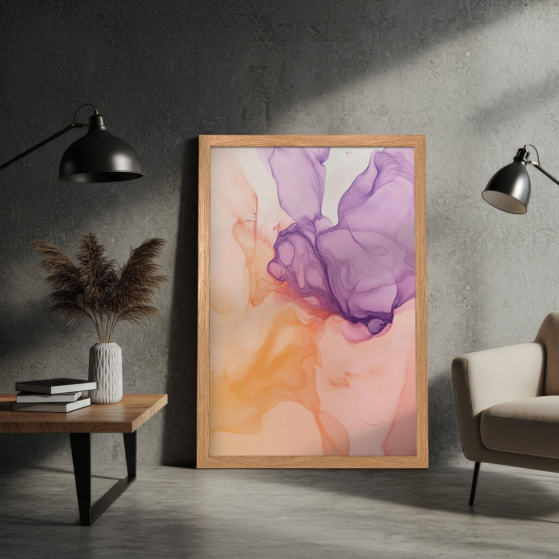 Framed Poster featuring abstract art in a watercolor style with a soft peach, purple, and orange color palette. Perfect wall decor!