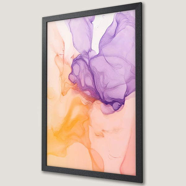 Framed Poster featuring abstract fluid art in a warm color palette of orange, pink, and purple. Perfect wall art decor!