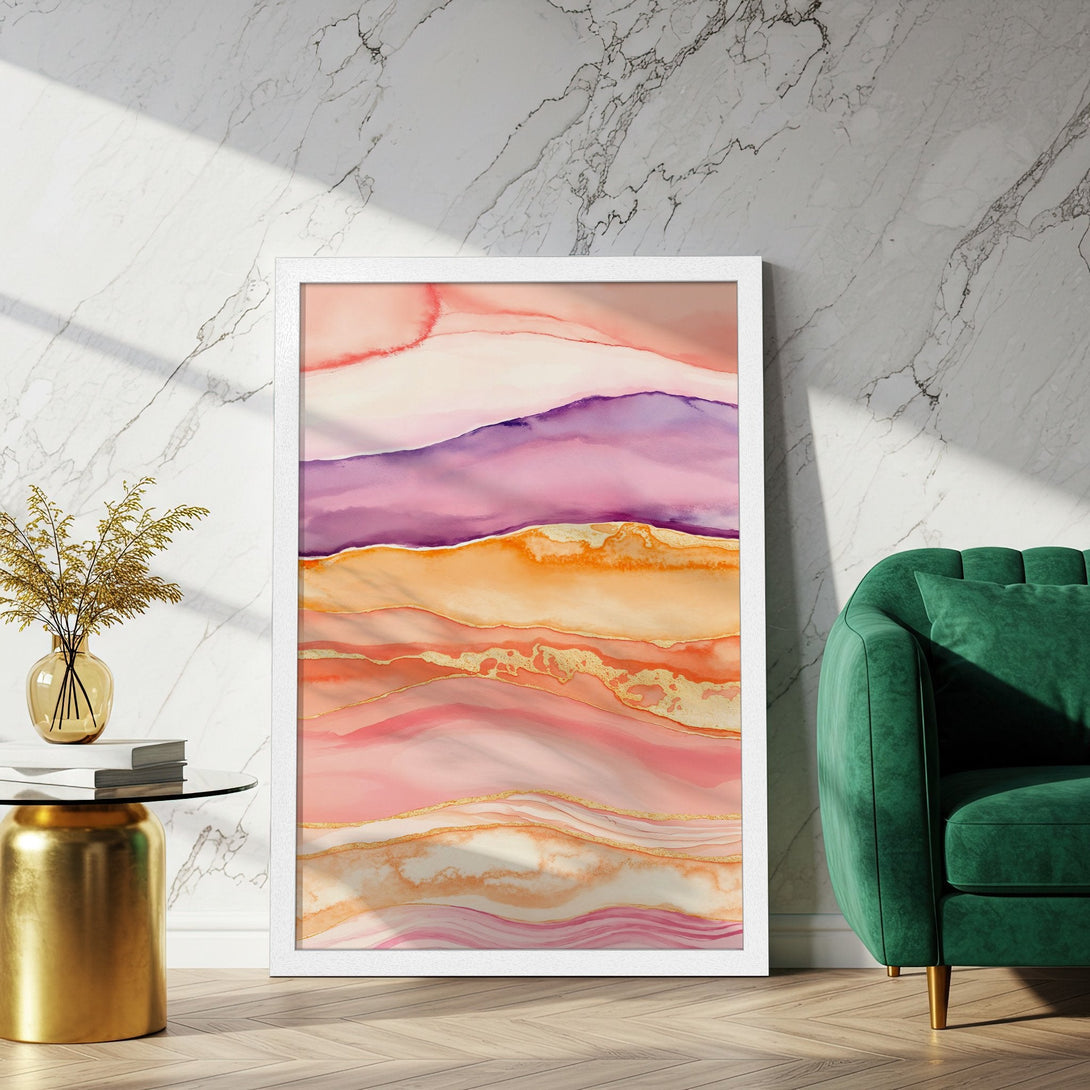 Framed Poster featuring abstract watercolor art in pink, purple, and gold. Perfect wall decor for a modern home.