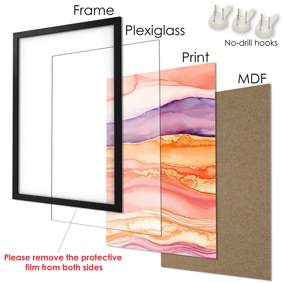 Framed Poster with abstract watercolor art in warm orange, pink, and purple tones. Modern wall decor.