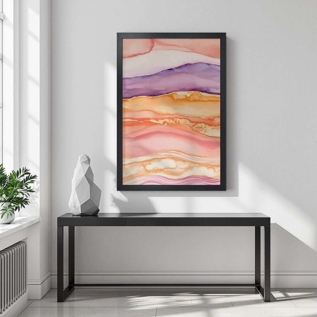 Framed Poster featuring abstract watercolor art in pink, purple, and gold tones. Modern art print for home decor.