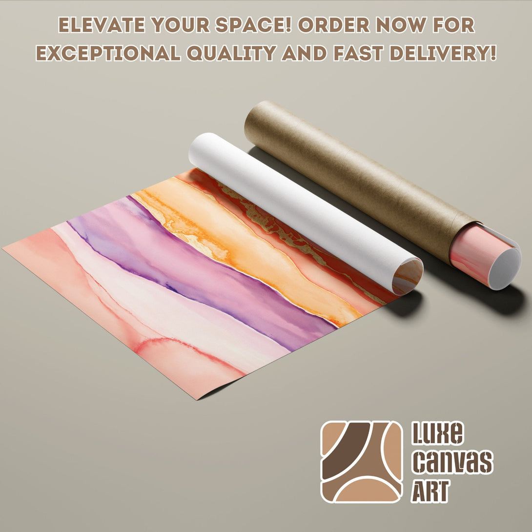 Abstract art poster roll in watercolor style with pink, purple, and orange hues. Elevate your space with Luxe Canvas Art!