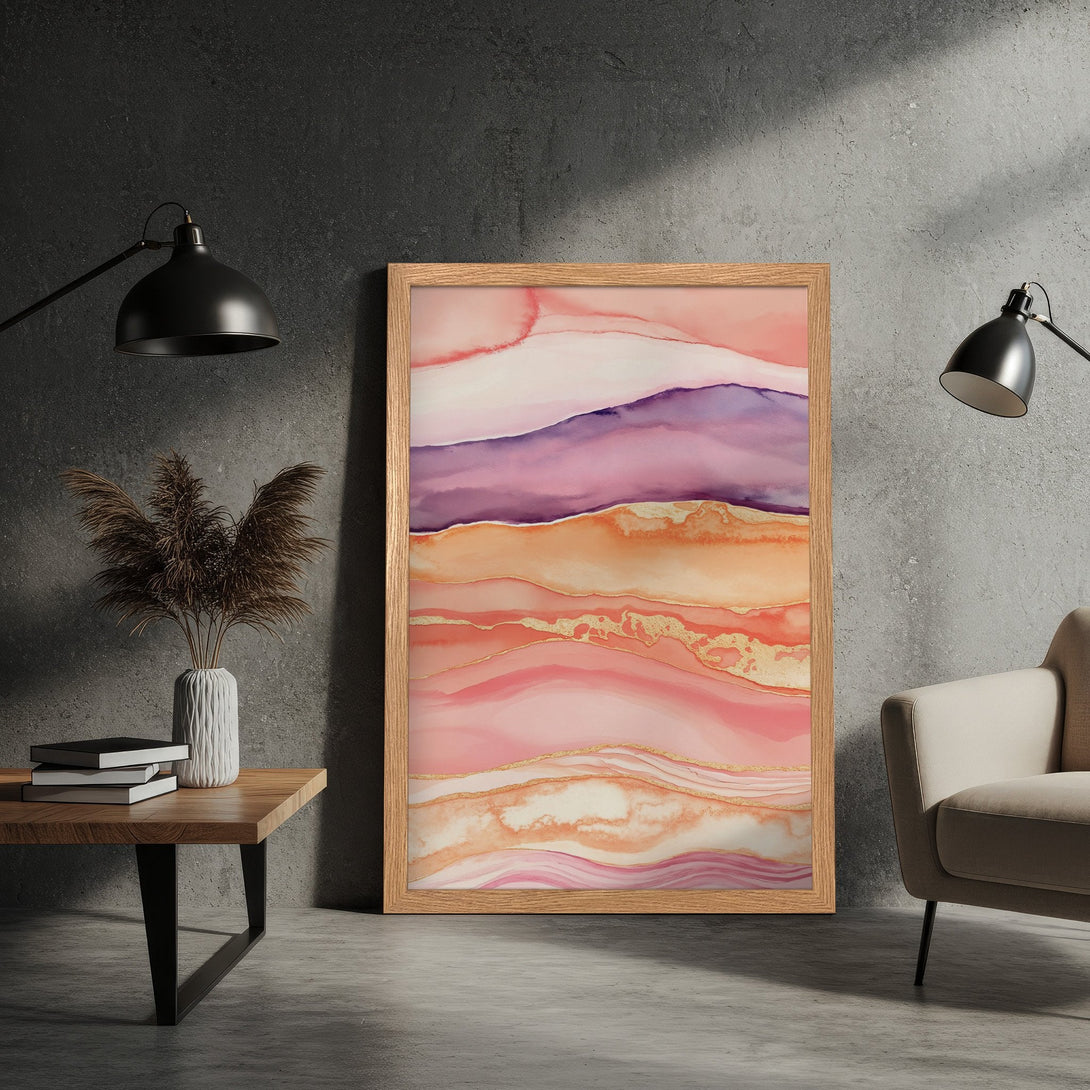 Framed Poster featuring abstract watercolor art in pink, peach, and purple tones. Modern art print for home decor.