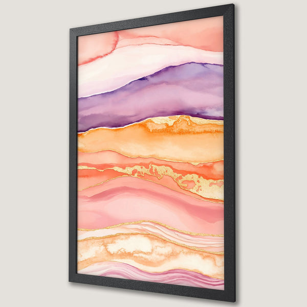 Framed Poster featuring abstract watercolor art in pink, orange, and purple hues with gold accents. Perfect wall decor!