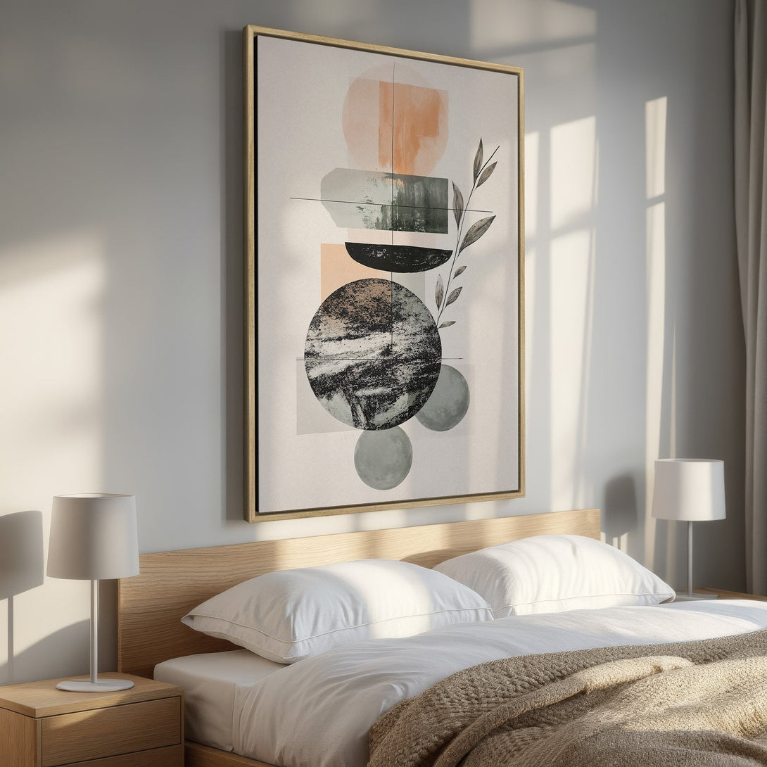 Framed Wall Art featuring abstract geometric shapes in neutral tones. Modern Canvas Print adds a touch of elegance to any bedroom decor.