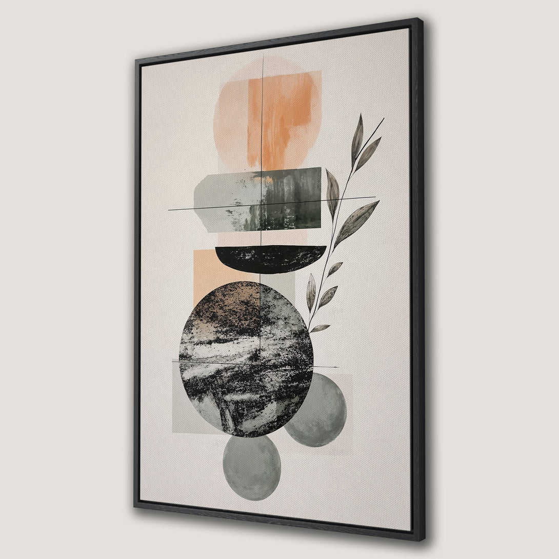 Framed Wall Art: Abstract geometric art in neutral tones with pops of orange and green. Modern canvas print perfect for adding style to any space.