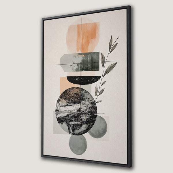 Framed Wall Art: Abstract geometric art in neutral tones with pops of orange and green. Modern canvas print perfect for adding style to any space.