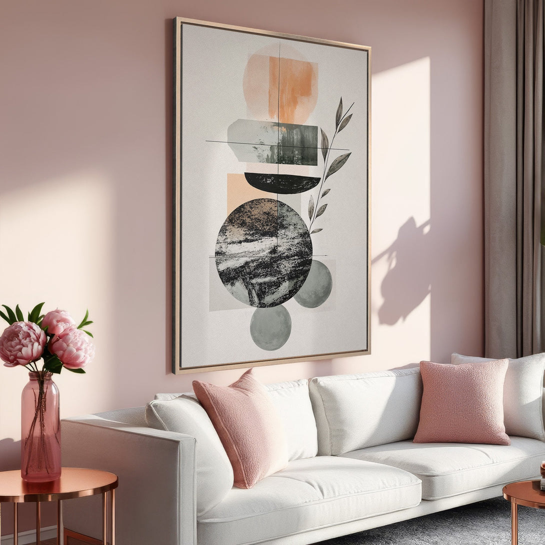 Framed Wall Art: Abstract geometric design in neutral & peach tones. Modern art canvas print adds a stylish touch to any living room.