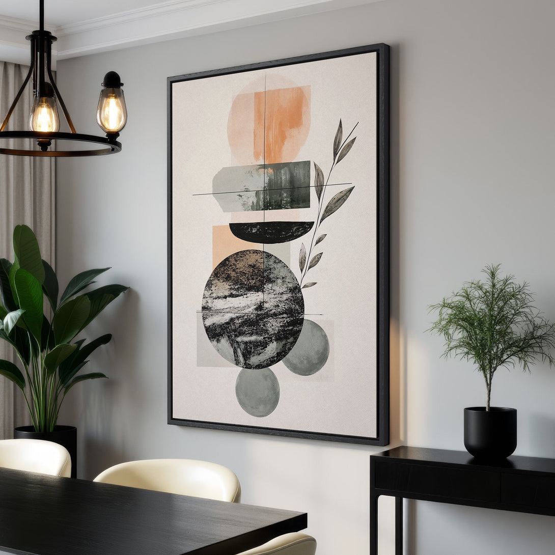 Modern Framed Wall Art featuring abstract geometric shapes in neutral tones. Stylish canvas print for living room or dining room decor.