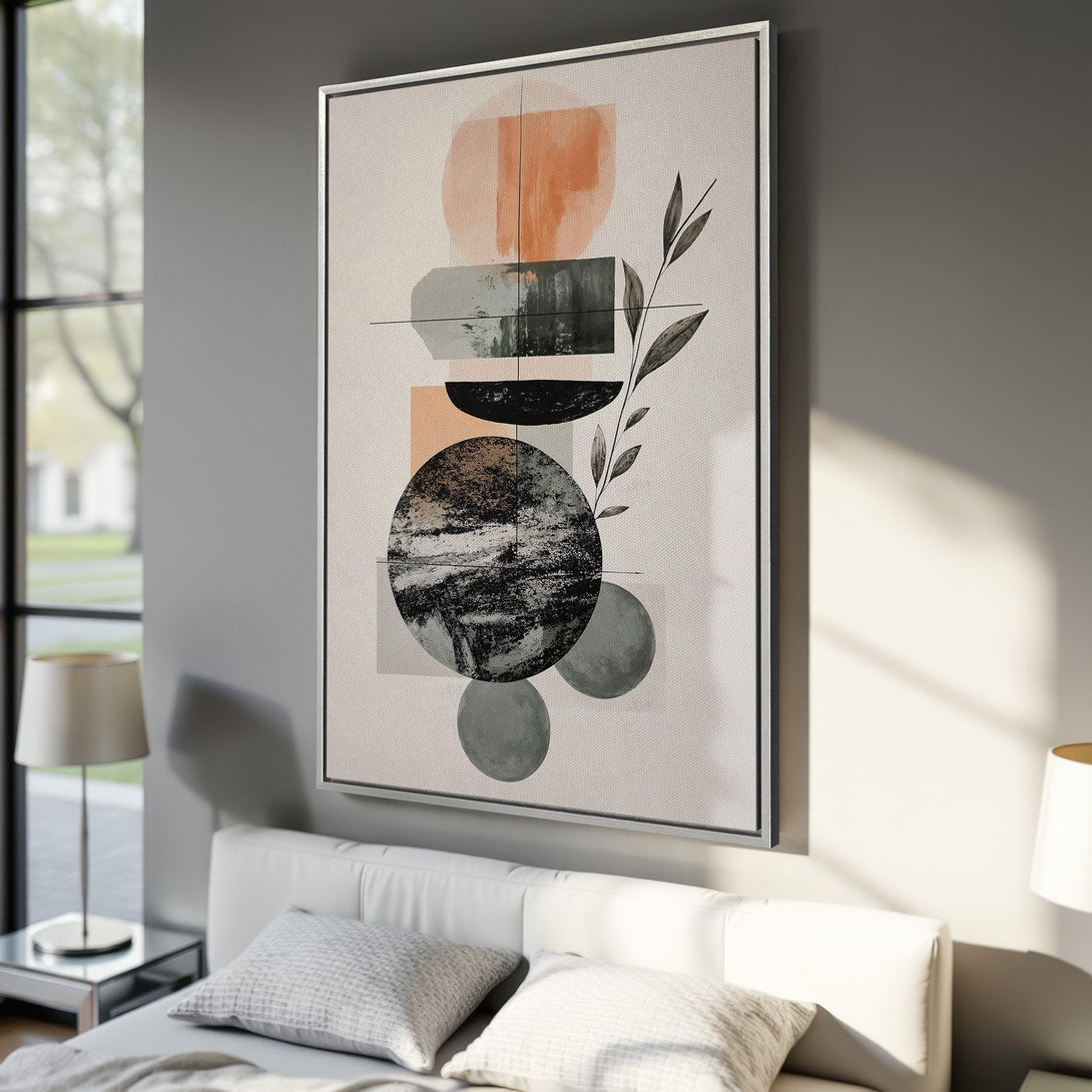 Framed Wall Art: Modern abstract art Canvas Print in neutral tones with orange and grey accents. Perfect for adding a touch of elegance to any room.