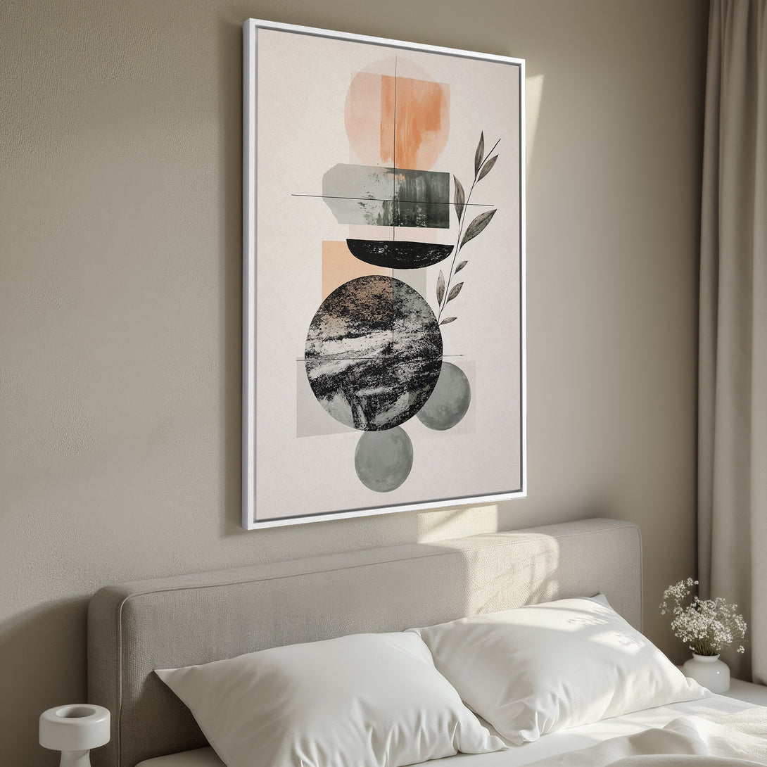 Framed Wall Art featuring abstract geometric art in neutral and muted earth tones. Modern art canvas print perfect for bedroom decor.