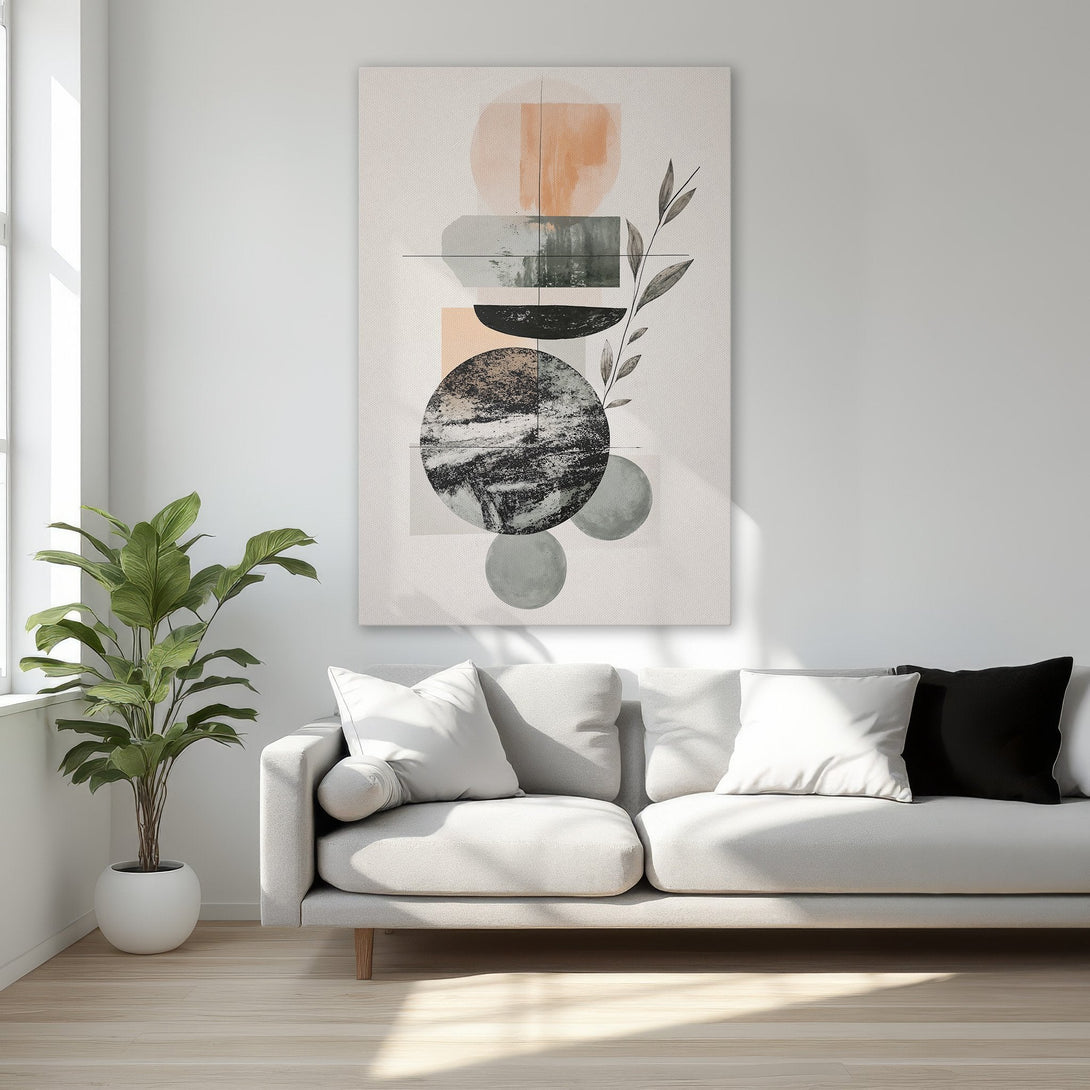 Framed Wall Art: Abstract geometric art with muted peach, green, and gray tones. Modern canvas print adds a touch of elegance to any bedroom or interior.