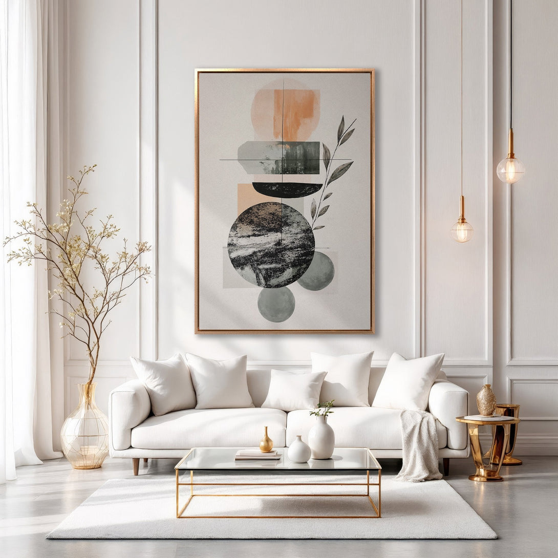 Framed Wall Art: Modern abstract art in neutral tones with pops of orange & green. Elevate your space with this stylish canvas print!