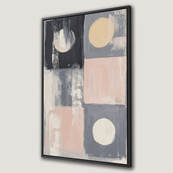 Framed Wall Art: Abstract geometric canvas print in neutral tones of gray, blush pink, and cream. Modern art for home decor.