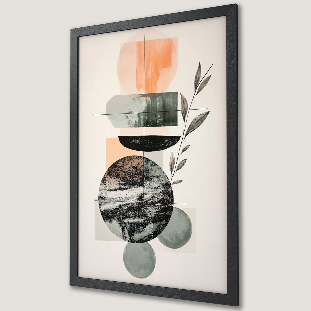 Framed Poster featuring abstract geometric art with orange, green, and black shapes. Modern art print to elevate your home decor.
