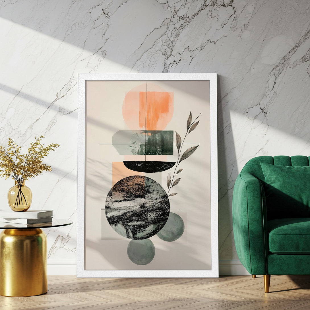Framed Poster featuring abstract geometric art in neutral tones with pops of orange and green. Modern wall art for your home!