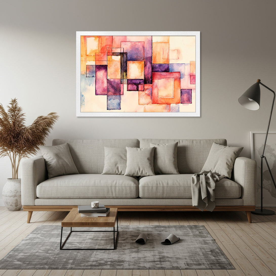 Framed Poster featuring abstract watercolor squares in warm orange, purple, and cream tones. Modern art for home decor.