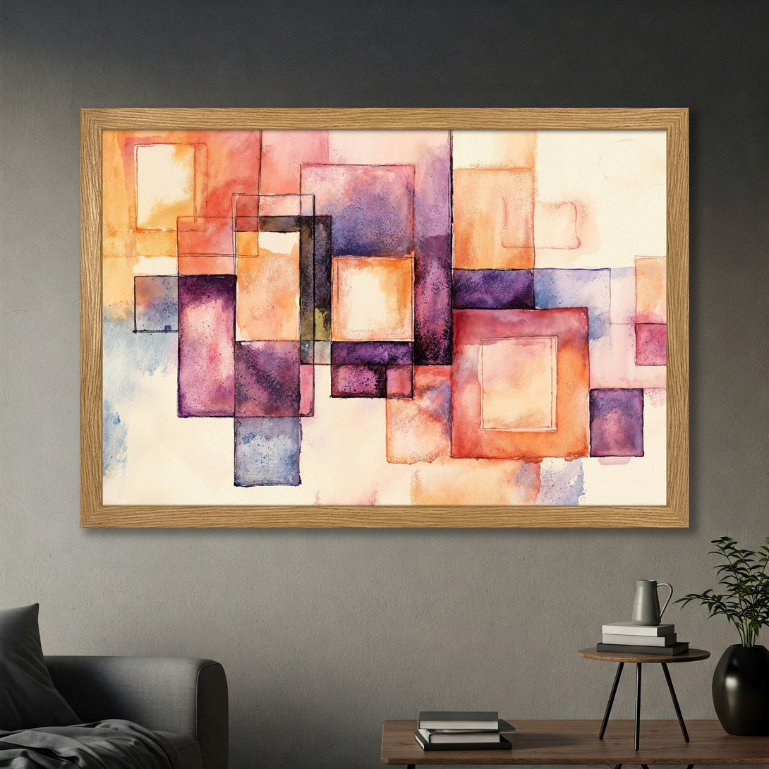 Framed Poster featuring an abstract watercolor design with geometric shapes in warm orange, purple, and blue hues. Perfect wall art for your home!