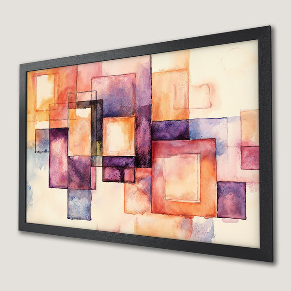Framed Poster featuring an abstract watercolor design with geometric shapes in a warm, vibrant color palette of orange, purple, and beige.